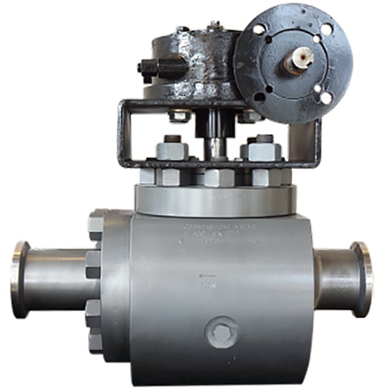Cornerstone's TE-2 top-entry, two-piece body,
trunnion ball valve, forged, one-piece ball / stem / trunnion, block-and-bleed type (upstream sealing seats), bidirectional / unidirectional pressure balance or unbalanced ball.